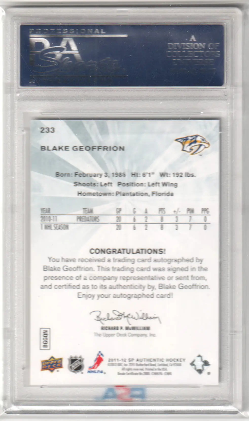 Blake Geoffrion hockey card with autograph PSA from Columbia Hobby 2011-12 SP Authentic RC