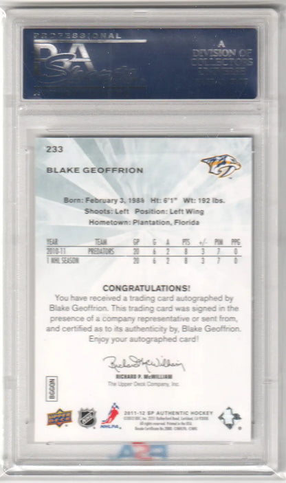 Blake Geoffrion hockey card with autograph PSA from Columbia Hobby 2011-12 SP Authentic RC