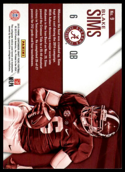 Football trading card of Blake Sims in maroon jersey from Panini Contenders Draft Picks