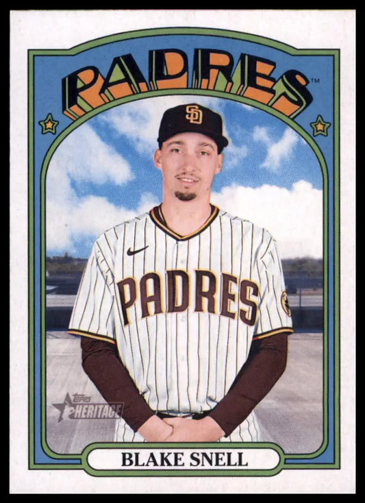 Blake Snell baseball card from 2021 Topps Heritage series featuring San Diego Padres