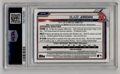 Baseball card of Blaze Jordan Bowman Chrome Prospect Auto in PSA 10 slab