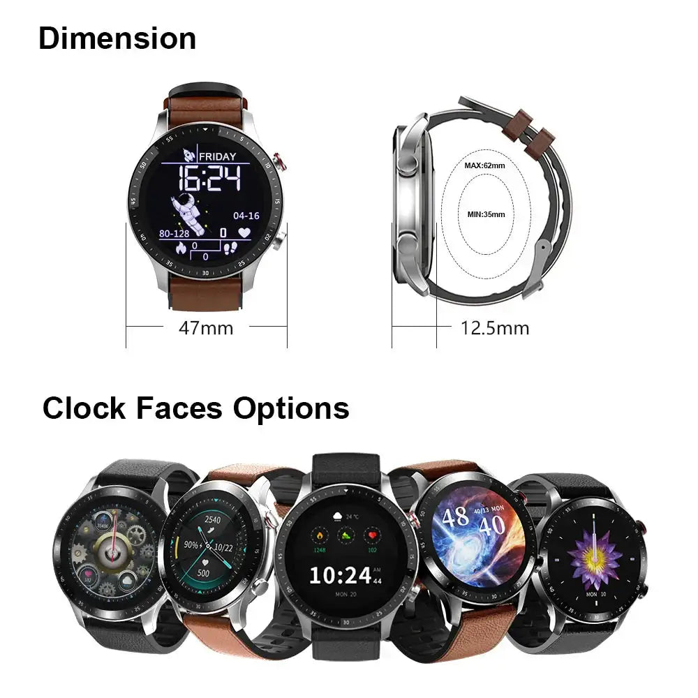 Smartwatch with customizable clock faces showing blood pressure and heart rate details