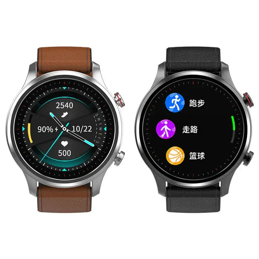 Smartwatches with leather bands showing blood pressure heart and heart rate tracking interfaces