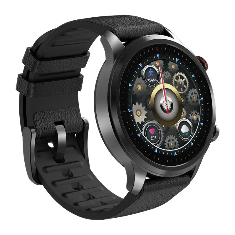 Black smartwatch with steampunk gear display and textured strap for blood pressure heart rate monitoring