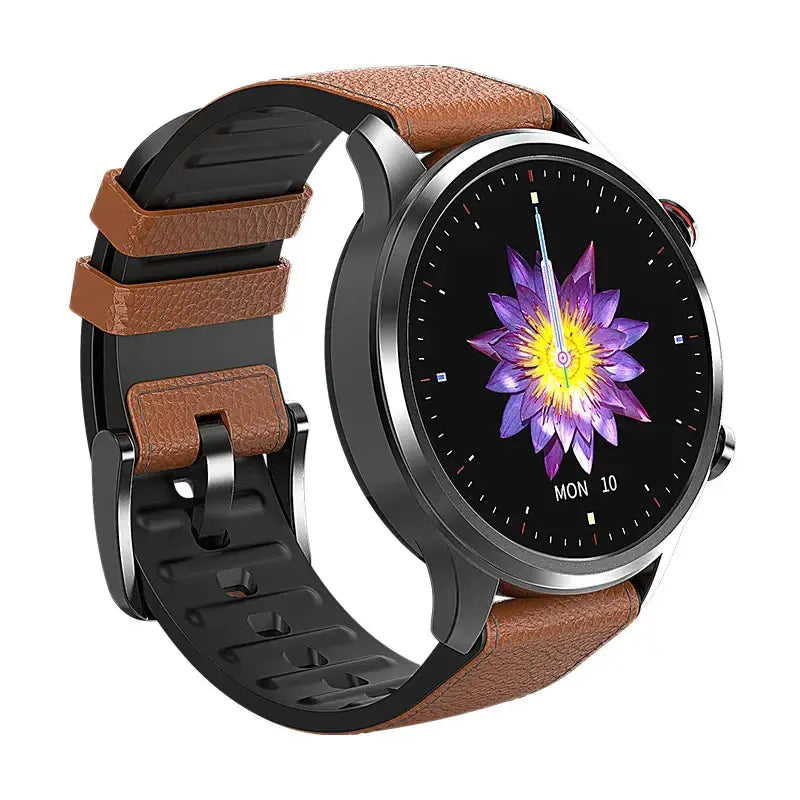 Dark gray smartwatch with round screen showing vibrant flower, black leather strap, blood pressure heart rate tracker