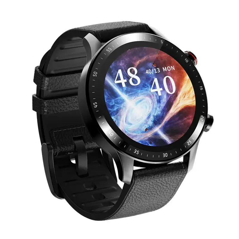 Black smartwatch with round display and leather strap showcasing blood pressure heart rate monitoring