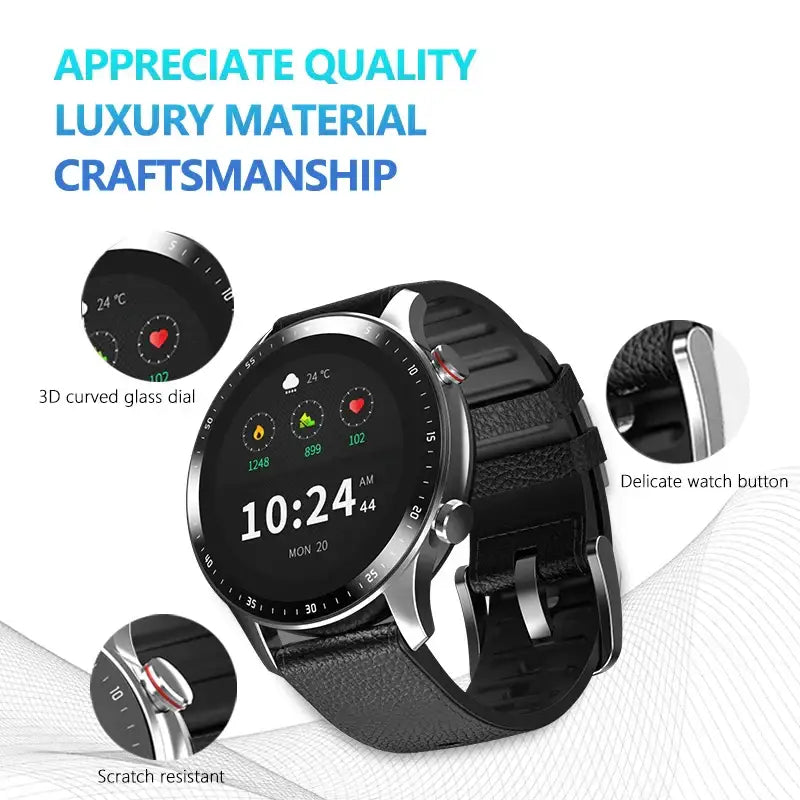 Black smartwatch with silver casing and leather strap showcasing blood pressure heart rate metrics