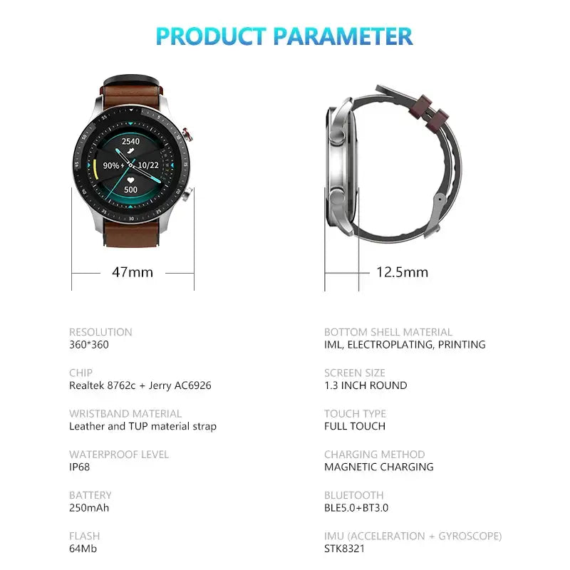 Smartwatch with brown leather strap, silver casing, digital display showing blood pressure heart rate
