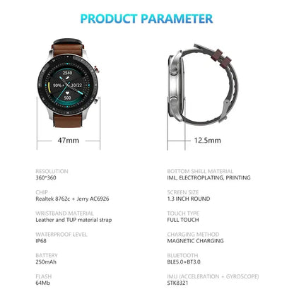 Smartwatch with brown leather strap, silver casing, digital display showing blood pressure heart rate