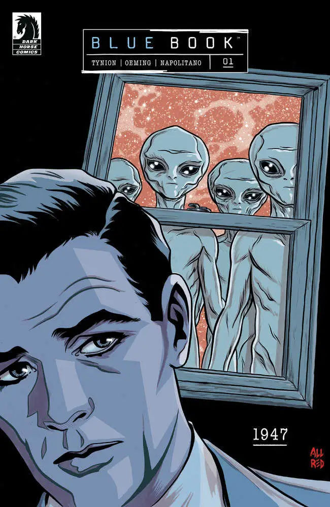 Comic book cover of Blue Book: 1947 #1 with aliens peering through a window at night