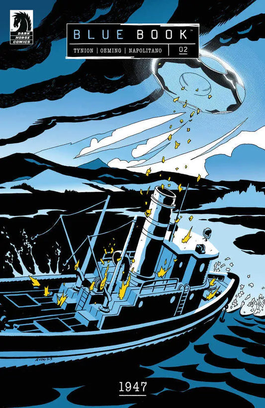 Dark ship tilting in rough seas with lights, featured on Blue Book: 1947 #2 trading cards