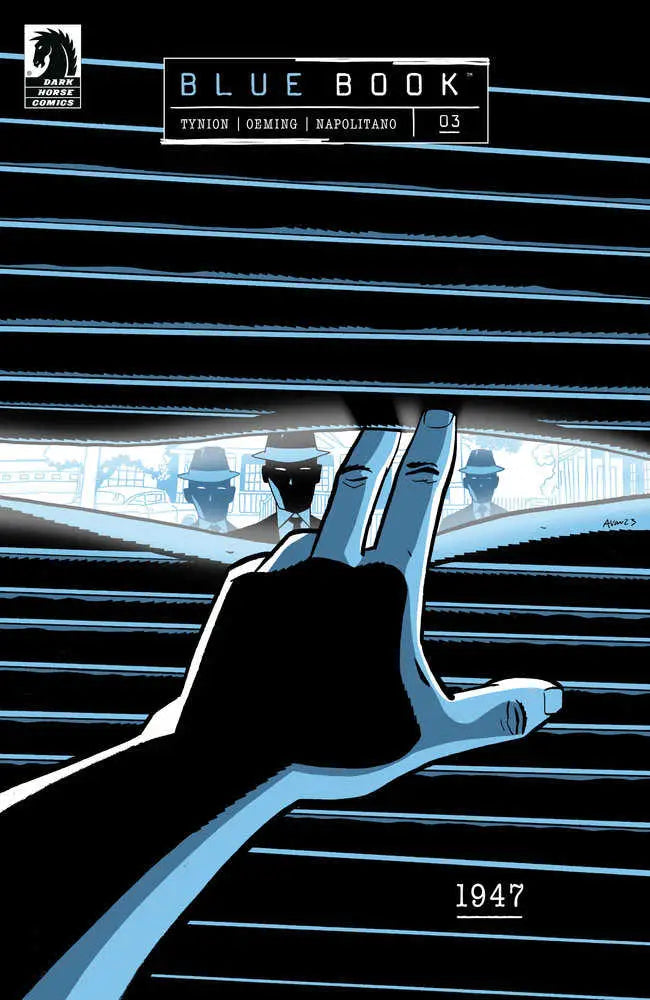 Comic book cover for Blue Book: 1947 #3 featuring window blinds and eerie hand reaching