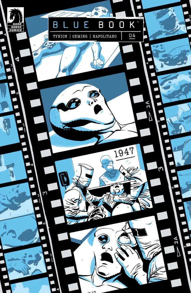 Comic book cover of Blue Book: 1947 #4 featuring UFO and alien illustrations in blue tones