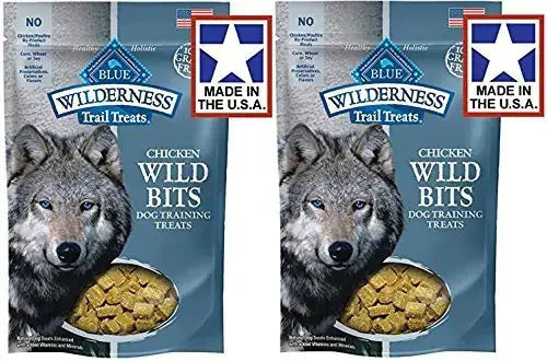 Two bags of Blue Buffalo Wilderness Wild Bits Trail Treats in chicken flavor
