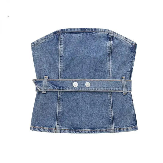 Light blue denim corset top with strapless design and buckled belt for stylish look