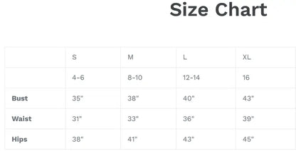Clothing size chart with measurements for Blue Striped Sleeveless Top