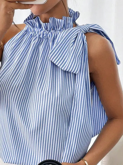 Blue and white striped ruffled halter top with shoulder tie for a stylish summer look