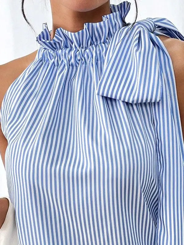Blue and white striped ruffled halter top with shoulder tie for a stylish sleeveless look