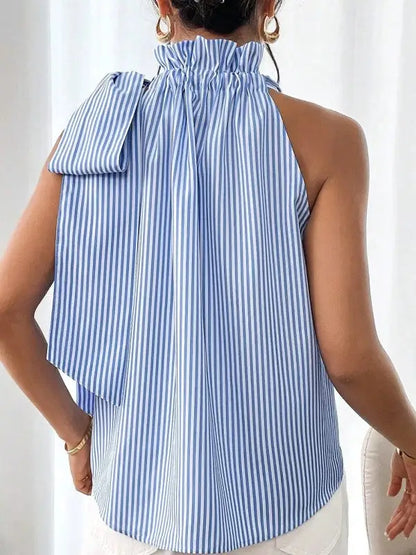 Blue and white striped sleeveless top with ruffled high neck and shoulder tie detail