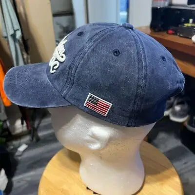 Distressed navy blue Washington DC baseball cap with American flag patch