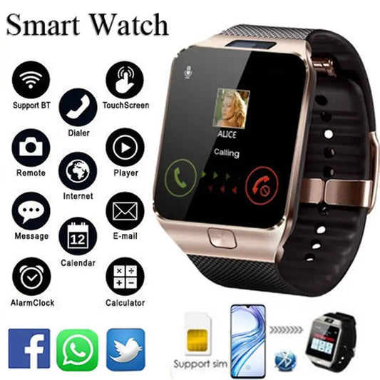 Rose gold and black Bluetooth Android smart watch with call, message, and internet features