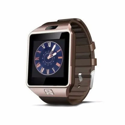 Rose gold Bluetooth Android smart watch with camera, clock, SIM, TF slot, and dark brown silicone band