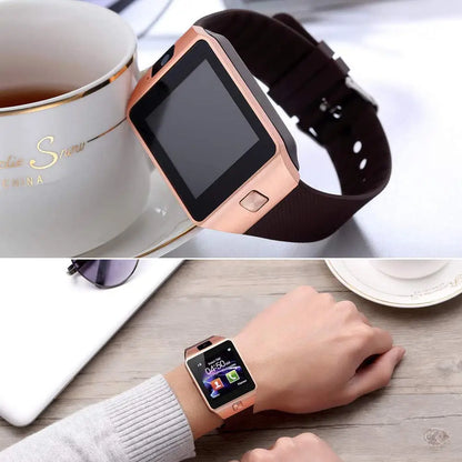Rose gold-colored Bluetooth Android Smart Watch with Camera, Clock, SIM, TF Slot, dark brown band