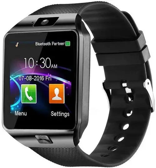Black Bluetooth Android Smart Watch with Camera, clock, date, and app icons display
