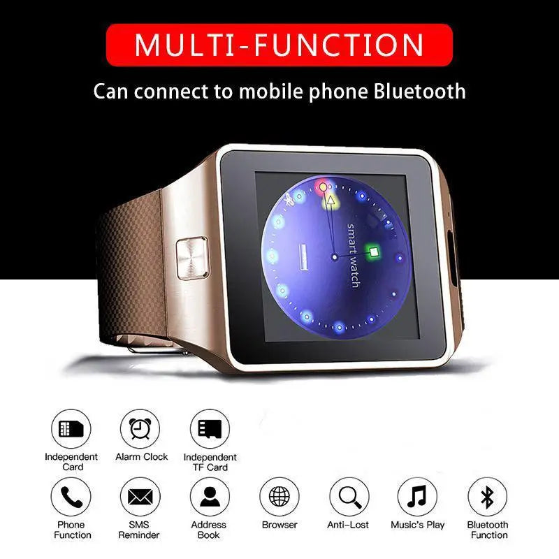 Gold-colored Bluetooth Android Smart Watch with Camera, Clock, SIM, and TF Slot