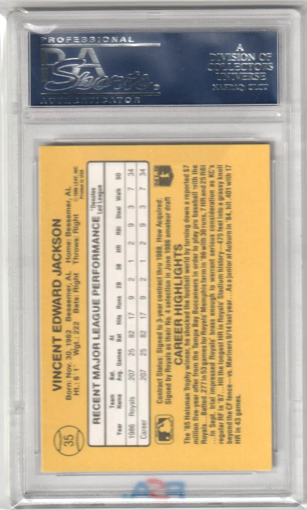 Graded BO JACKSON 1987 Donruss RC Rookie baseball card PSA 10 GEM MINT from Columbia Hobby