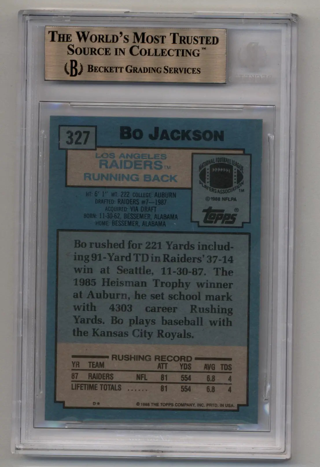 Vintage 1986 Bo Jackson Raiders Trading Card BGS 9.5 Gem Mint in Protective Holder