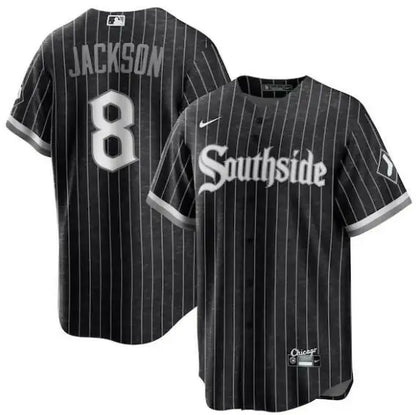 Black and white pinstripe Bo Jackson Chicago White Sox Nike City Connect Jersey