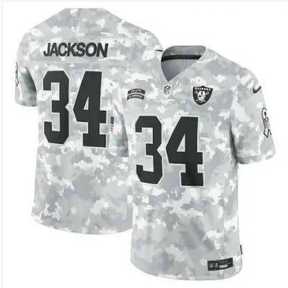 Gray camouflage NFL Raiders jersey with 34 Jacks Jackson Las Vegas Raiders Nike 2024