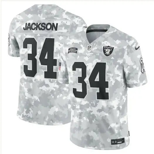 Gray camouflage NFL Raiders jersey with 34 Jacks Jackson Las Vegas Raiders Nike 2024