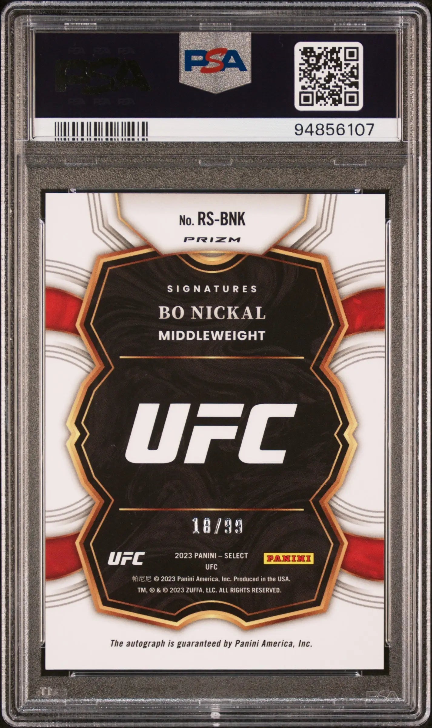 Bo Nickal 2023 Panini Select UFC Rookie Signature Red Auto #18/99 PSA 10 Auto 10 - Singles