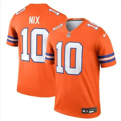 Orange football jersey with white numbers and name from Bo Nix Denver Broncos Nike Alternate Legend Top