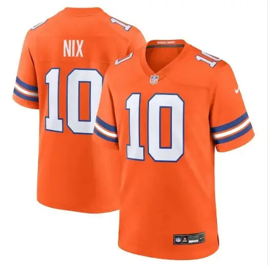 Orange Bo Nix Denver Broncos Nike Mile High Collection jersey with blue and white stripes and number 10