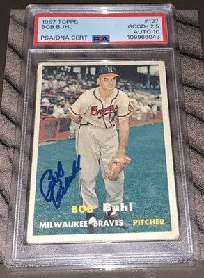 Graded and authenticated Bob Buhl Milwaukee Braves baseball card with autograph and PSA 2.5