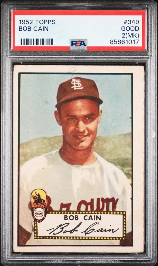 PSA-graded Bob Cain 1952 Topps #349 baseball card in protective case for trading cards
