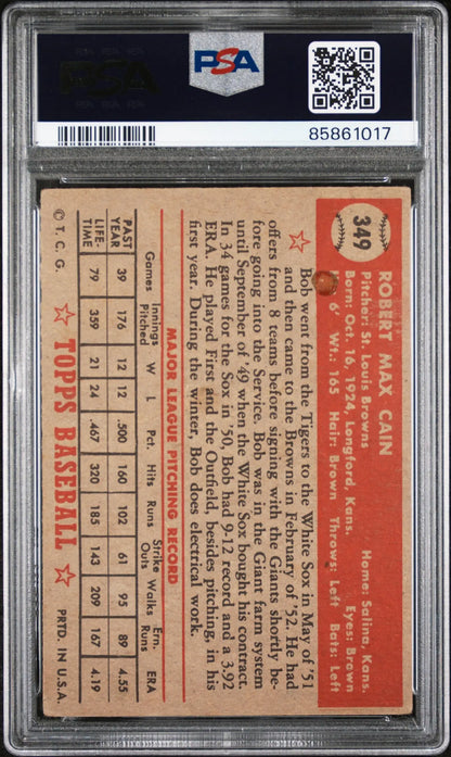 Vintage Bob Cain 1952 Topps #349 baseball card in PSA grading holder with stats