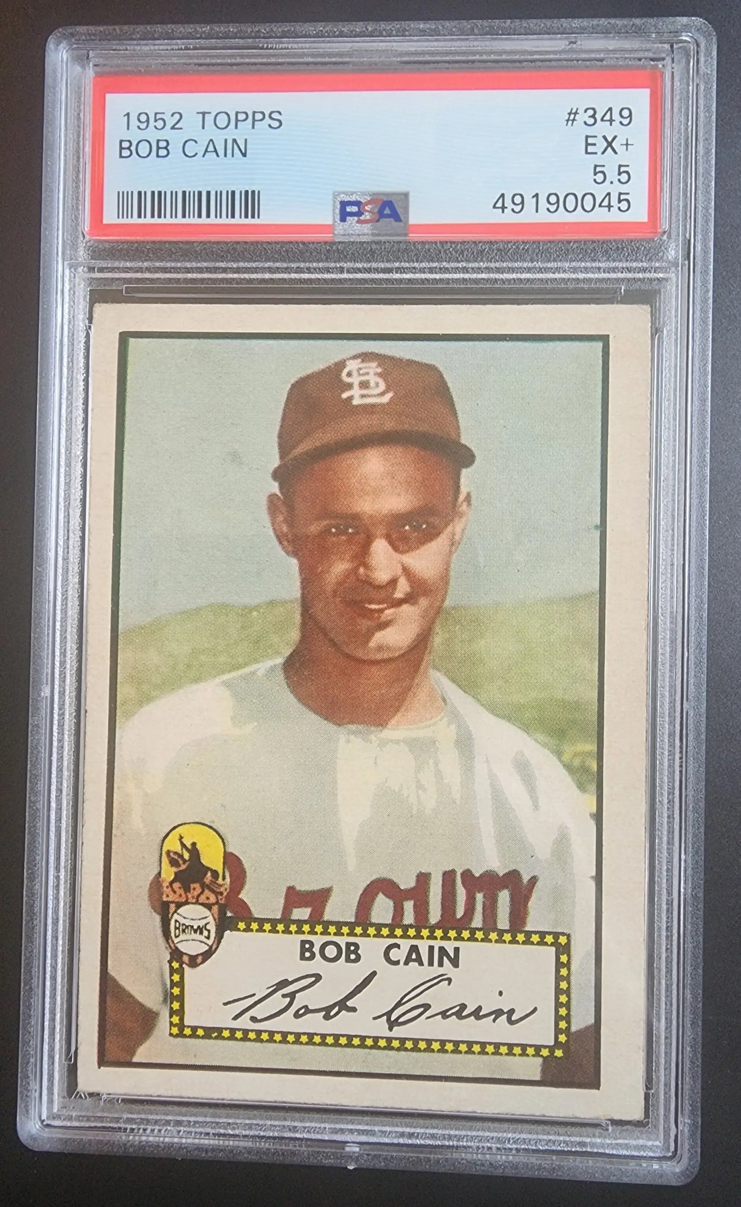 PSA-graded Bob Cain 1952 Topps #349 baseball card featuring St. Louis Browns player