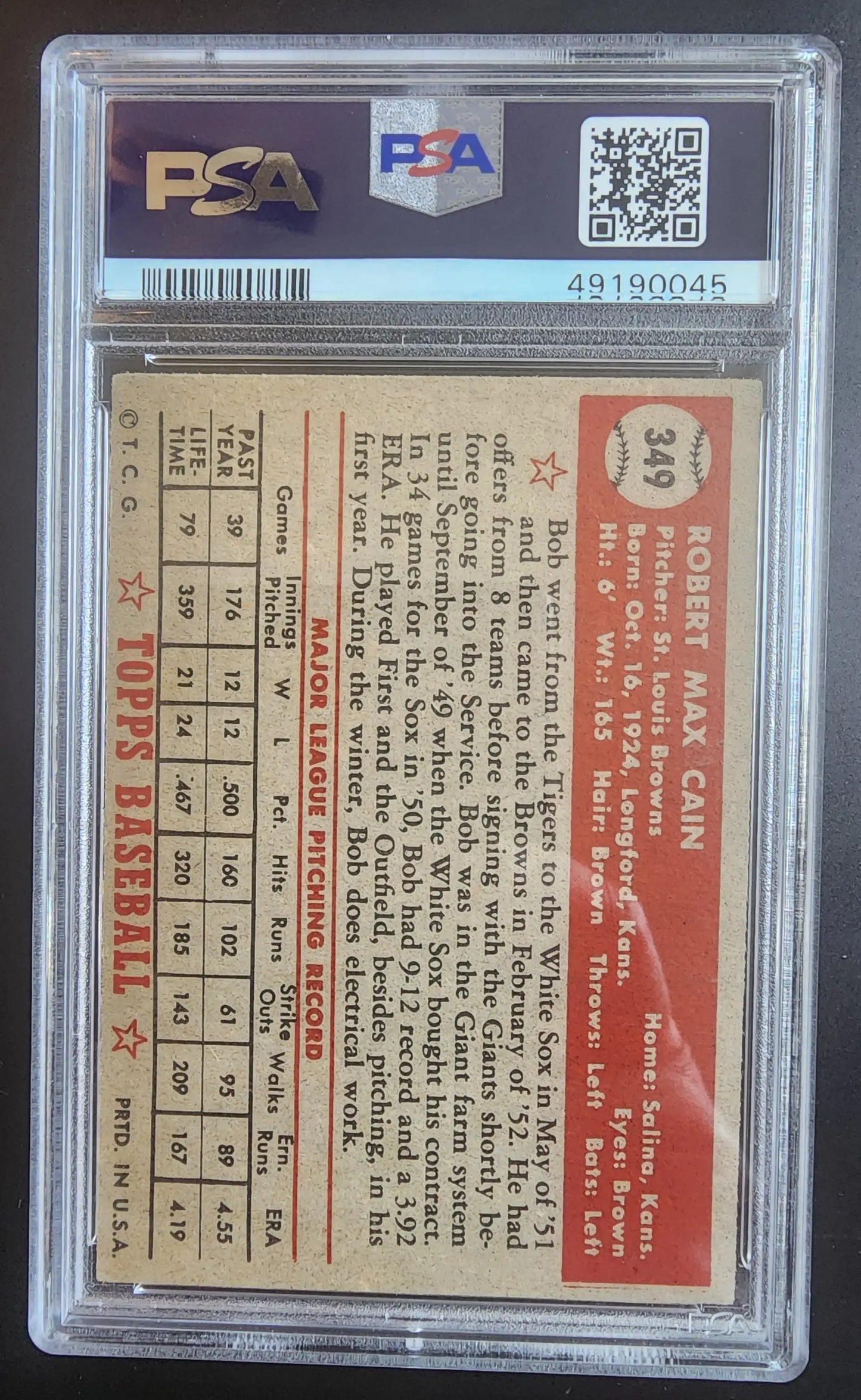 Back side of Bob Cain 1952 Topps trading card in PSA 5.5 grading holder