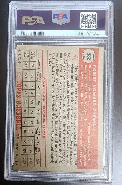 Bob Chipman 1952 Topps #388 PSA 4 baseball card in grading holder with back statistics