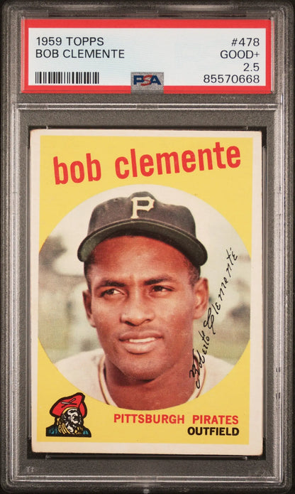 Graded 1959 Topps Bob Clemente baseball card PSA 2.5 Good+ in collectible condition