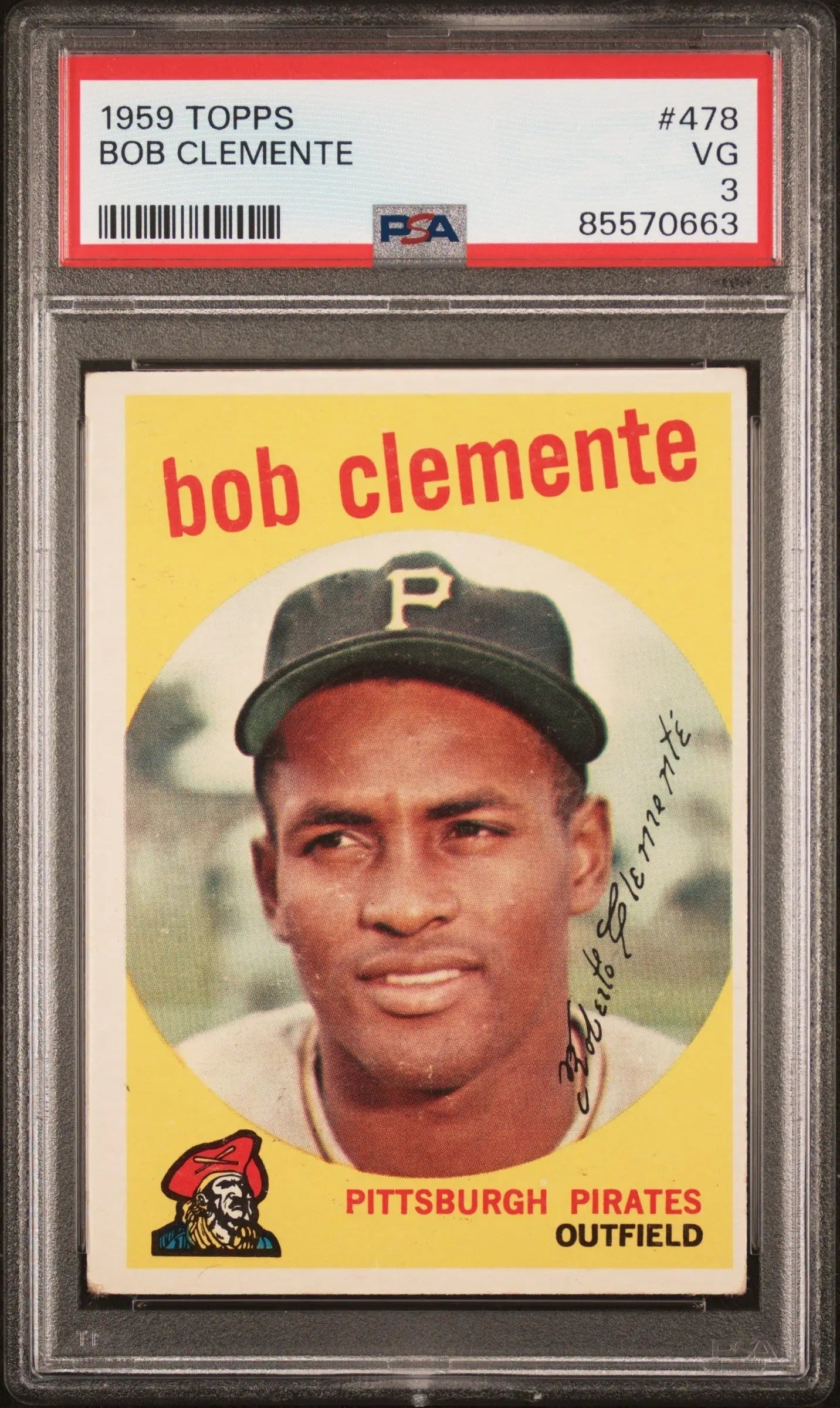 Graded 1959 Topps Bob Clemente baseball card PSA 3 Very Good display