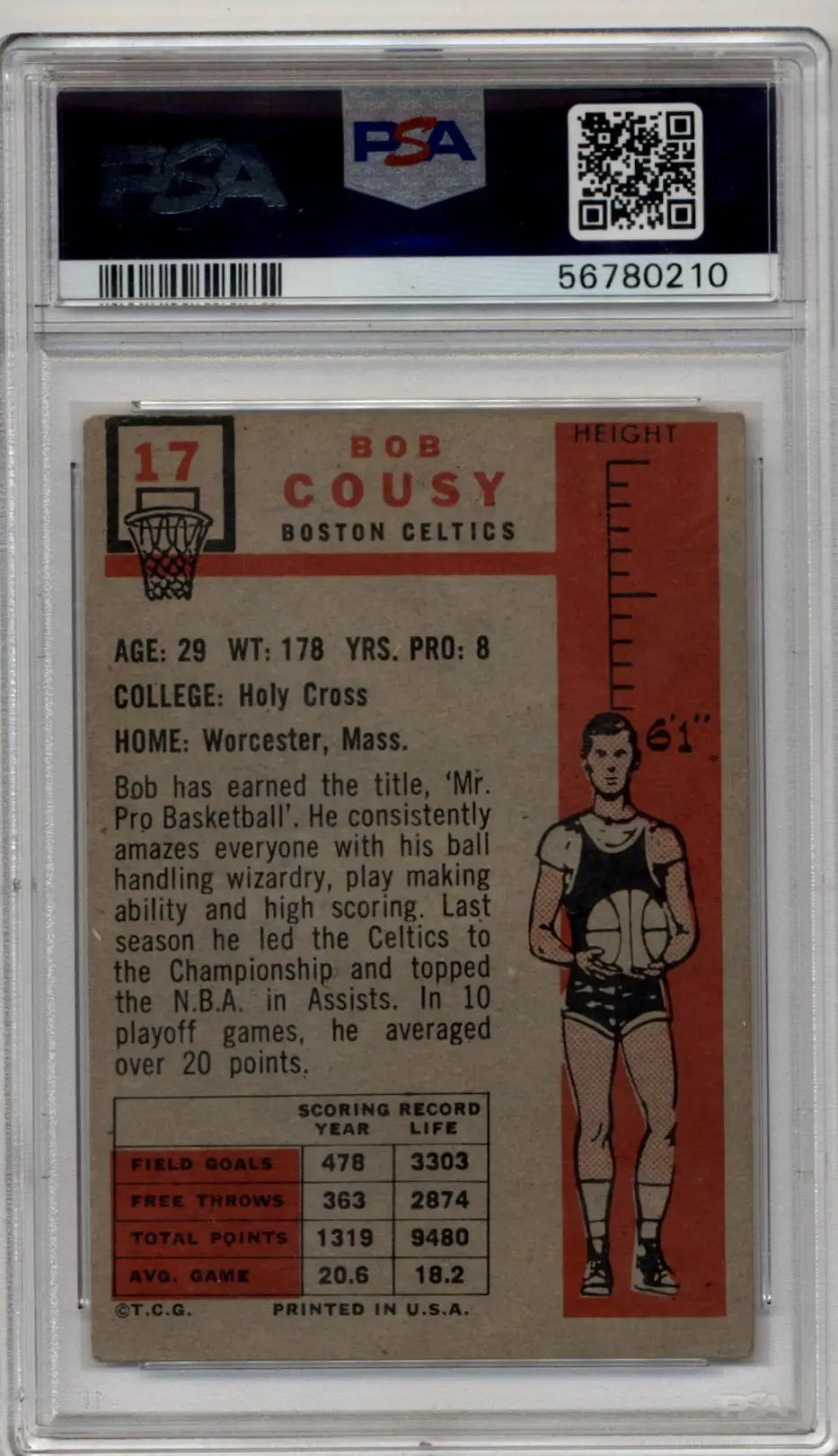 Vintage 1957 Bob Cousy Rookie PSA 3 trading card in protective case for collectors