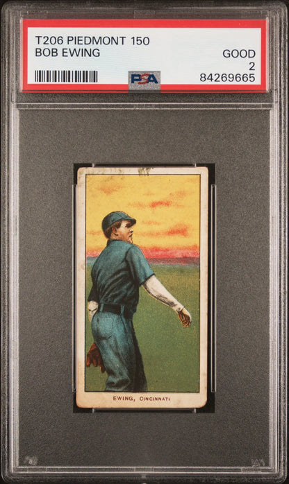Vintage Bob Ewing T206 Piedmont 150 trading card featuring a player against a sunset