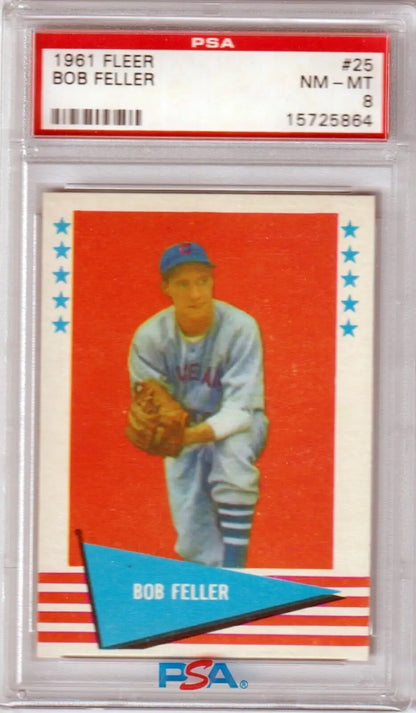 Graded 1961 Fleer Bob Feller baseball card, PSA 8 NM-MT, featuring Cleveland Indians player