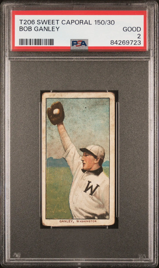 PSA-graded Bob Ganley 1909-11 T206 Sweet Caporal baseball card in catching action