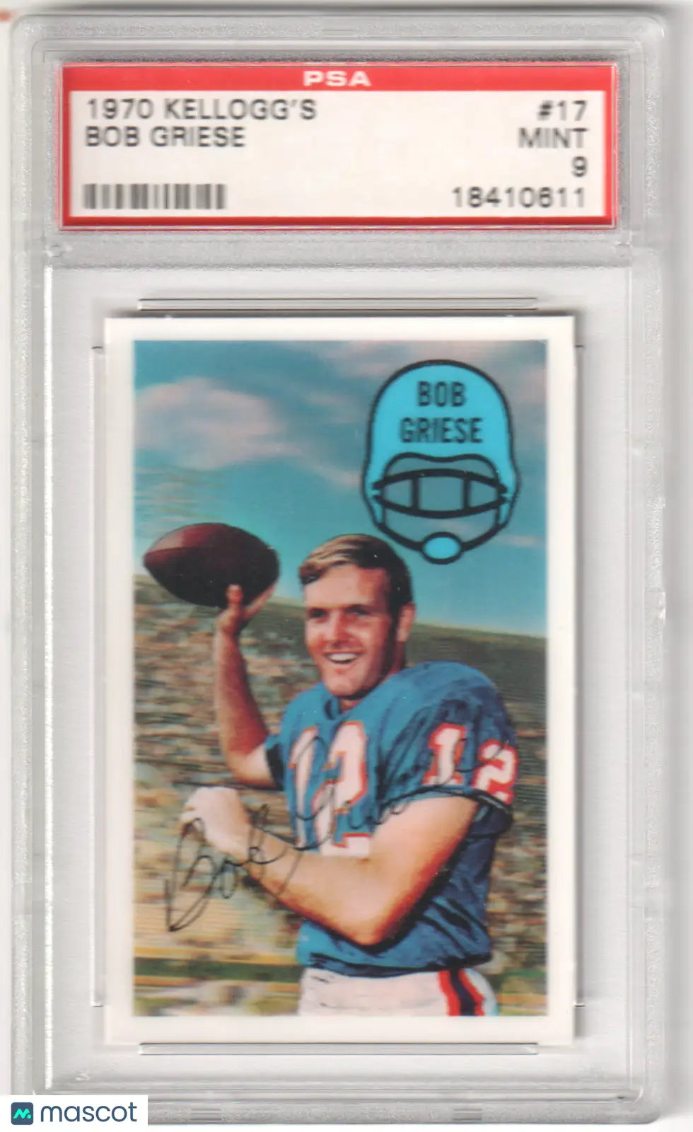 Columbia Hobby Bob Griese 1970 Kellogg’s football card PSA Mint 9 display